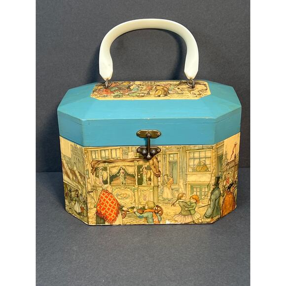 Vintage Anton Pieck Box Purse Decoupage Wood 60s Victorian Circus Variete - Picture 1 of 14